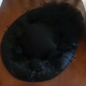 Black Hat with Tulle, Flowers and Pearls